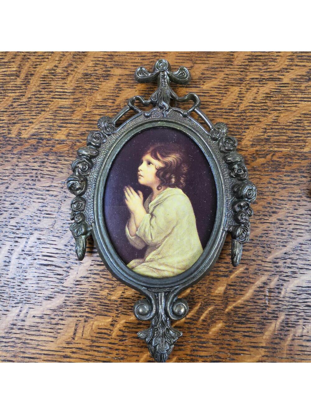 Vintage Italian Child Portrait Wall Plaques Pair Ornate Cast Metal Frames - Picture 3 of 10